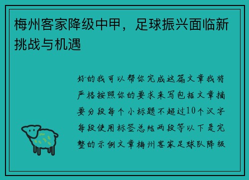 梅州客家降级中甲，足球振兴面临新挑战与机遇
